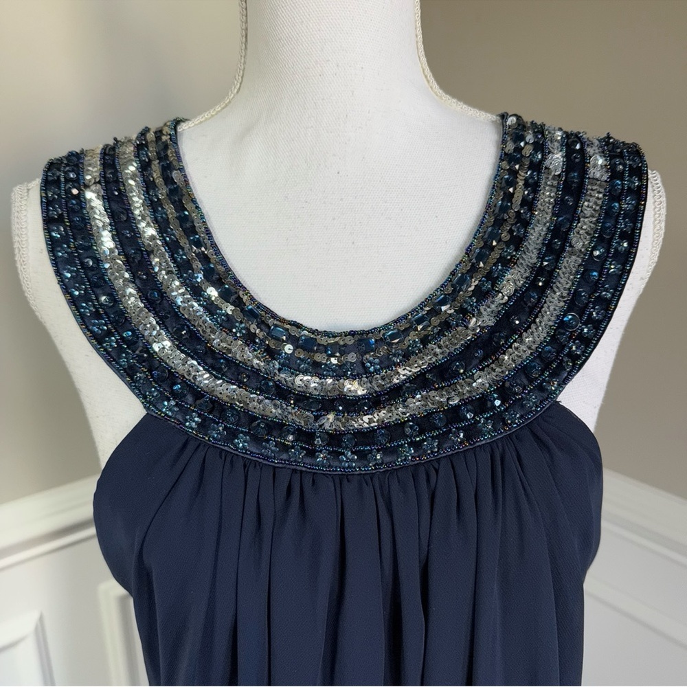 NEW JS Boutique Navy Blue Embellished Chiffon Trapeze Dress Size 16